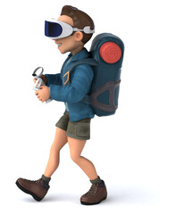 Fun 3D Illustration of a backpacker with a VR Helmet