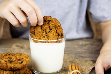 Close-up of a child dips oatmeal cookies into a glass with milk.