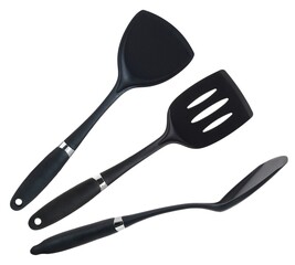 Plastic black kitchen spatula isolated on white background