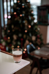 hot coffee latte on christmas holidays display background 