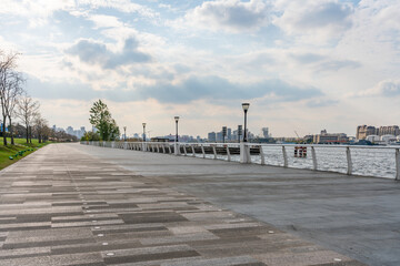 A city park along the Huangpu river in Shanghai, China.