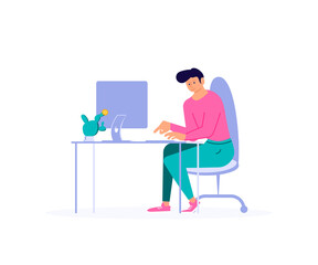 Businessman working at the computer in the office or at home. Vector flat illustration character design isolated on white background