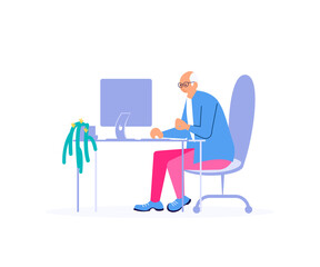 Elderly man working at the computer in the office or at home. Vector flat illustration character design isolated on white background