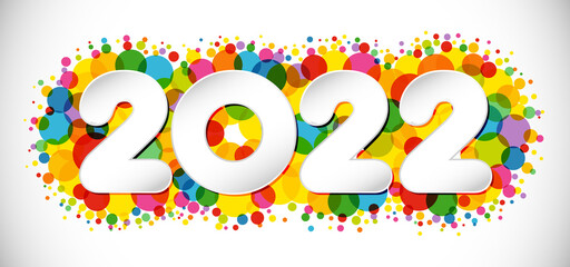 2022 A Happy New Year sign, congrats concept. Horizontal logotype. Snowy white backdrop. Abstract isolated graphic design template. Decorative numbers. Coloured digits. Creative Christmas decoration.