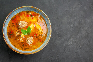 top view tasty vegetable soup with meat and potatoes on dark desk dish plate meal food