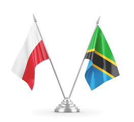 Tanzania and Poland table flags isolated on white 3D rendering