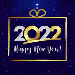 2022 A Happy New Year congrats concept. Classic simple digits, brushing style seasonal logotype. Abstract isolated graphic design template. Golden decoration. Santa Claus present and creative text.