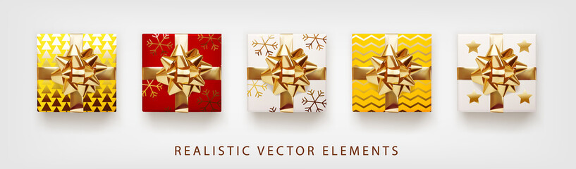 Collection of gift presents with golden foil bow. Set of 3d realistic gift boxes with pattern red, yellow, white colors.