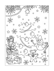 Full page Christmas celebration party connect the dots puzzle and coloring page or activity sheet. Learning or reinforcing math basics of numbers and order.
