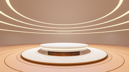 White golden empty stage, podium, pedestal, steps 3D Illustration beige scene background. Golden luxury elements.