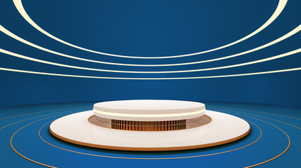 White golden empty stage, podium, pedestal, steps 3D Illustration blue scene background. Golden luxury elements.