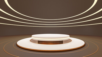 White golden empty stage, podium, pedestal, steps 3D Illustration brown scene background. Golden luxury elements.