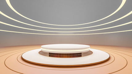 White golden empty stage, podium, pedestal, steps 3D Illustration grey scene background. Golden luxury elements.