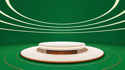 White golden empty stage, podium, pedestal, steps 3D Illustration green scene background. Golden luxury elements.