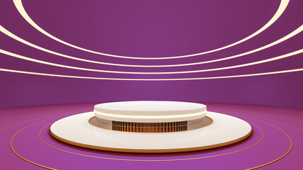 White golden empty stage, podium, pedestal, steps 3D Illustration purple scene background. Golden luxury elements.