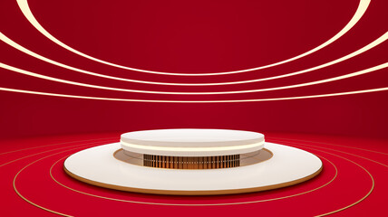 White golden empty stage, podium, pedestal, steps 3D Illustration red scene background. Golden luxury elements.
