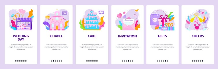 Wedding day, cake, invitation, gifts, church, champagne. Mobile app screens, vector website banner template.