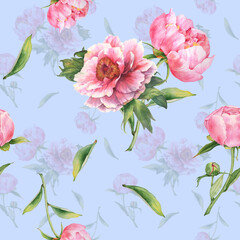 Romantic pattern with watercolor pink peonies