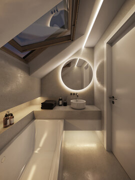 Modern Grey Bathroom Interior In Attic At Night Showcase