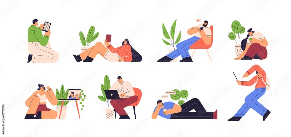Poster people reading e book and using gadgets vector flat illustration. set of men and women chatting, doi