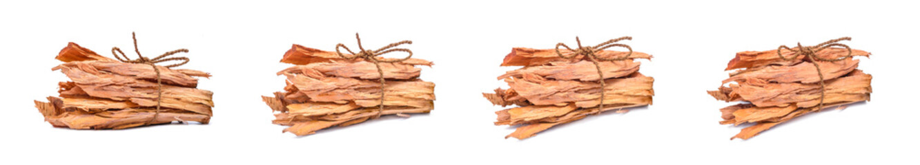 chopped firewood bundle, pieces of hardwood tied up with a rope or a code, isolated in white background,  different angles view