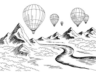 Air balloon travel mountain river graphic black white landscape sketch illustration vector
