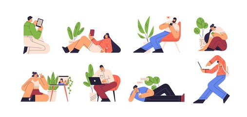 People reading e book and using gadgets vector flat illustration. Set of men and women chatting, doing a video call and surfing internet isolated. Characters with smartphone, laptop and tablet