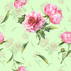 Romantic seamless pattern with pink peonies