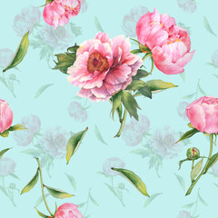 Seamless Pattern with Watercolor Pink Peonies