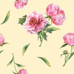 Seamless pattern with pink flowers. Watercolor peonies