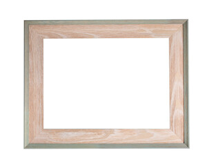 Fototapeta premium Delicate wide carved patterned frame made of natural wood with green edging for photos, text, images or paintings isolated on a white background