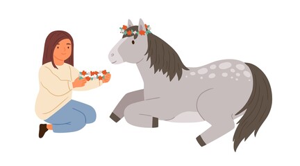 Cute girl and pony wearing wreath of flowers together vector flat illustration. Happy female child taking care of horse isolated on white background. Scene of friendship between human and animal