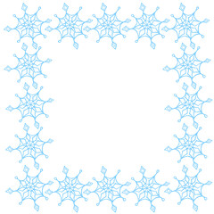 Winter vector frame of blue snowflakes. Hand drawn border, isolated. Background, backdrop, template for theme of Snowfall, christmas, new year