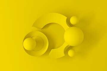 Three-dimensional abstract background of many circles with round cutouts with a stylized display of the planet and satellites on yallow background. 3D illustration