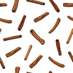 Cinnamon sticks seamless pattern. White background, isolate. Stock illustration.
