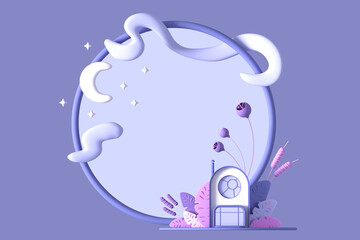 Abstract cartoon fairy-tale tiny cozy house in pastel colors on a background of fantastic stylized plants, ferns, trees and grasses with a frame circle, round border for a copy space. 3d illustration