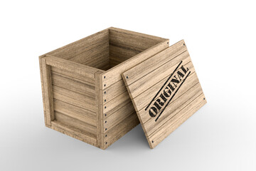 Wooden Crate with Printed Original Text on White Background. 3D Rendering
