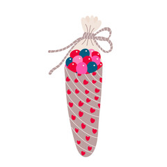Cone bag with sweets decorated with hearts and twine rope. Valentine's day decoration. Vector  illustration for posters and greeting cards design isolated on white. Hand drawn flat style.
