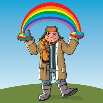 A man in warm winter clothes holds a rainbow in his hands. Rainbow color outline fairytale character. A funny person. Vector illustration