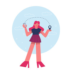 A girl in the style of hyperbolism stands and holds a mobile phone in one hand, and in the other a geotag of the position, the concept of an online order acting all over the planet