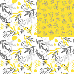Collage contemporary floral and simple flowers seamless pattern set.Modern design in yellow-grey colors for paper,cover,fabric,interior decor and other users.