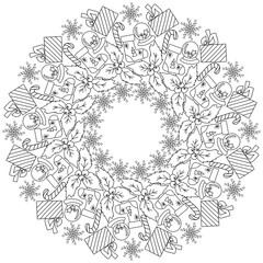 Festive Christmas zen mandala with winter attributes, gift with bow, holly and winter ball, circle doodles frame antistress coloring page