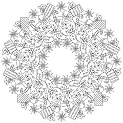Festive Christmas zen mandala with winter attributes, gift with bow, holly and winter ball, circle doodles frame antistress coloring page