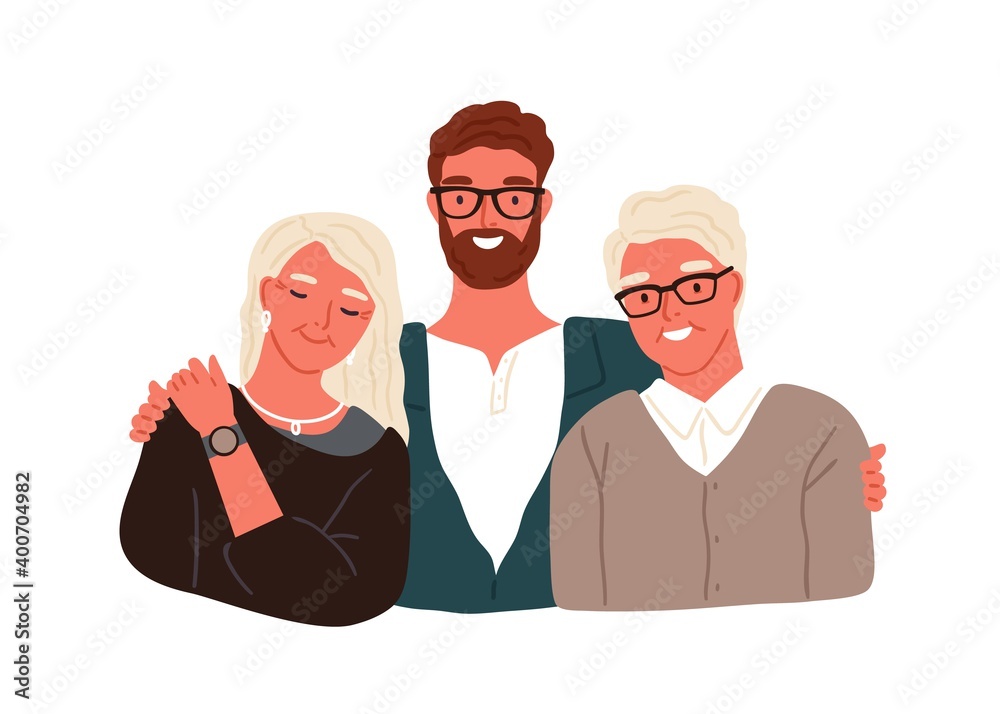 Poster portrait of happy family hugging each other vector flat illustration. smiling adult man embracing ma