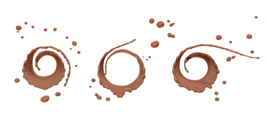 Chocolate of splash, set of splash coffee 3d illustration, abstract,  isolated 3d rendering