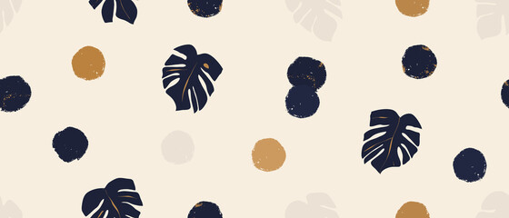 Materiał do szycia Hand drawn minimalist abstract dot pattern. Exotic jungle plant illustration. Creative collage contemporary seamless pattern. Fashionable template for design.