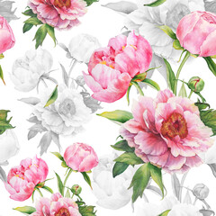 Bouquet of Flowers. Seamless Pattern with Watercolor Pink Peonies