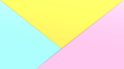 Abstract material background with colored sheets of paper. Light blue color over yellow and pink on top. Bright wallpaper or background for presentation.