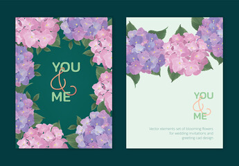 Hydrangea flower and leaves background template. Vector set of floral element for wedding invitations, greeting card, voucher, brochures and banners design.