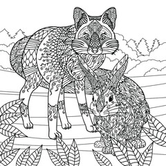 Fototapeta premium Forest coloring book. Wolf and rabbit with doodle and zentangle elements. Coloring page for adult. Hand drawn vector illustration. Wildlife nature.
